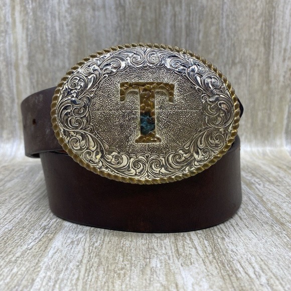 Justin SZ 32 Black Leather Belt with Crumrine TEXAS Buckle Gold Silver Two Tone - Picture 2 of 9